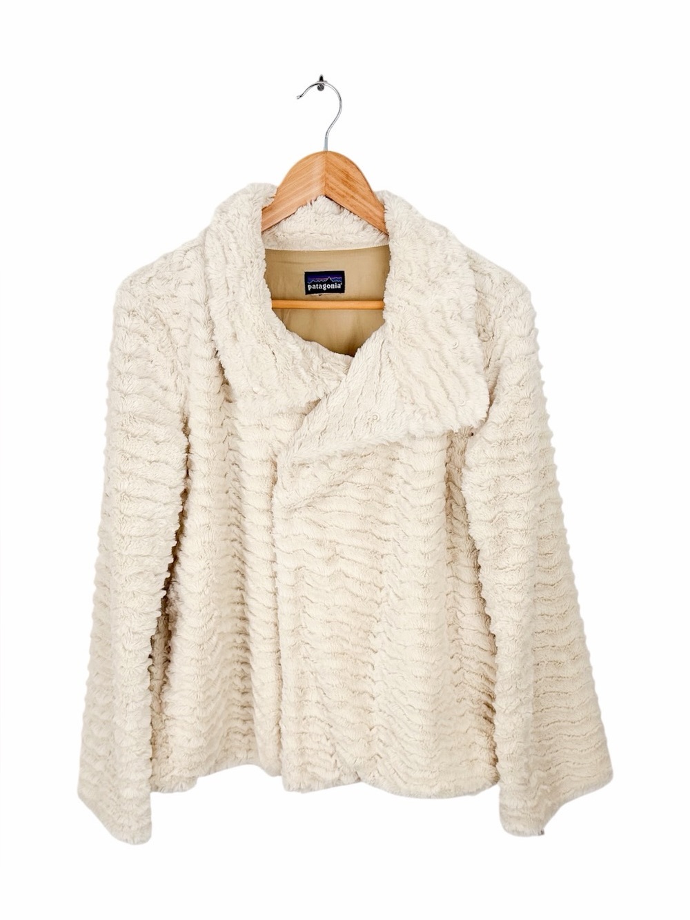 Patagonia Womens Large Pelage Jacket Cream Faux Fur Fleece Full Zip Snap Collar